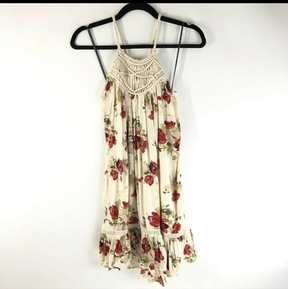 Volcom Shift Dress Sleeveless Crochet Ruffle Pleated Floral Ivory Red Size S - Picture 5 of 8